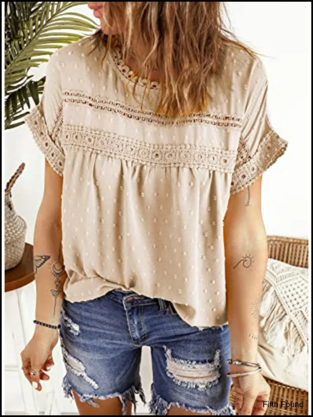 Crewneck Lace Crochet Short Sleeve Blouse - Lightweight Chiffon
